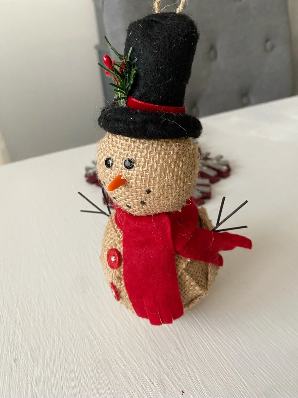 Farmhouse Rustic Christmas Ornaments Snowflake Red Metal Star & Burlap Snowman